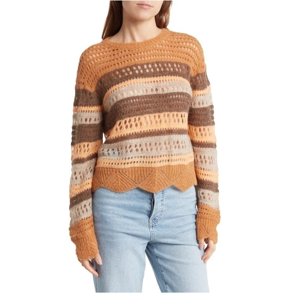 MOTHER Striped Open Knit Sweater Mock Neck Misty Mountain Top NWT Sz XS NWT.